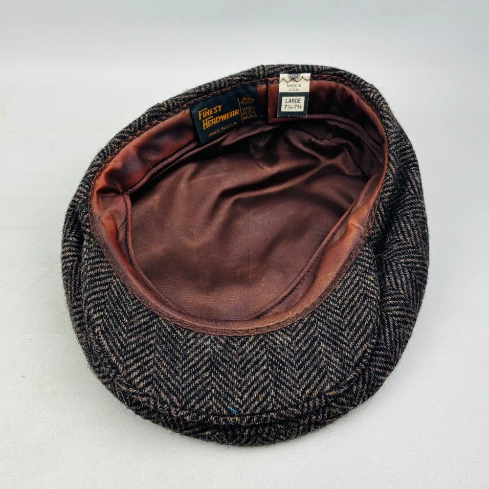 Vintage Finest Headwear Flat Cap Mens L Brown Herringbone Wool Newsboy Hat USA